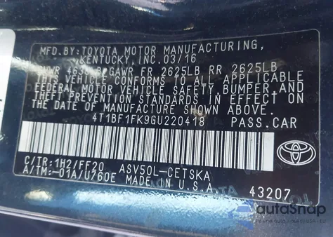 2016 Toyota Camry Se из США, поврежденный, VIN 4T1BF1FK9GU220418